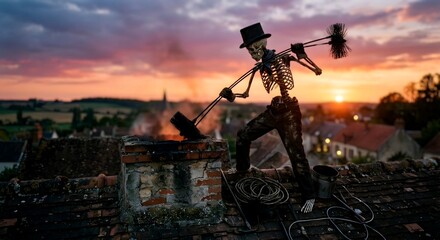 Obraz premium Skeleton Chimney Sweep Cleaning a Chimney