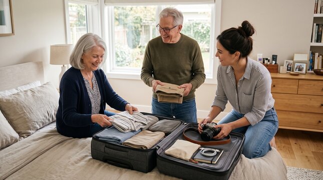 Grandparents and grandchild packing together for a family getaway at home.