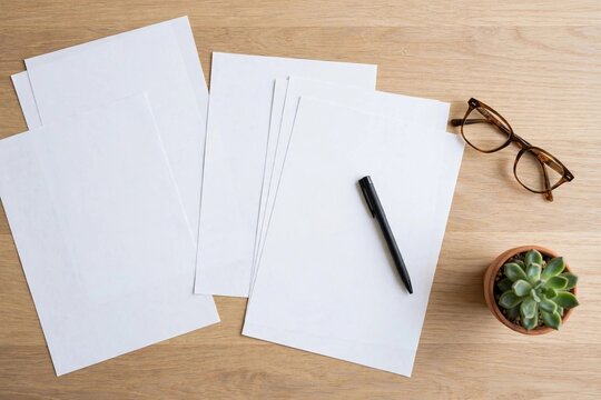 Top view of blank papers, pen, glasses and succulent on a wooden desk