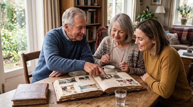 Grandparents sharing old family memories and stories with a grandchild through a photo album.