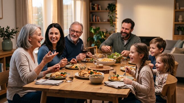 Three generations sharing food and conversation during a warm family dinner.