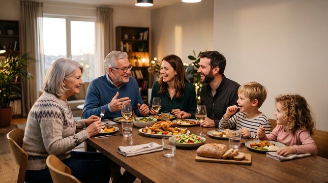 Three generations sharing food and conversation during a warm family dinner.