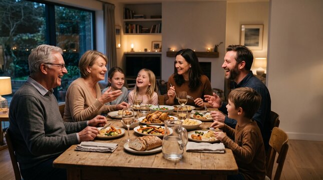 Three generations sharing food and conversation during a warm family dinner.
