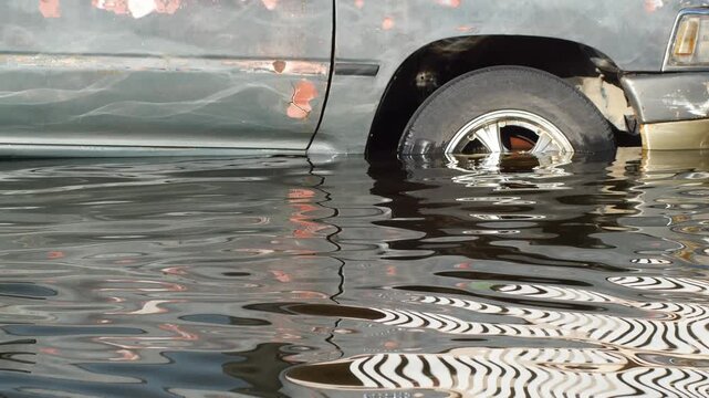 Close-Up of Rusted Vehicle Damaged and Submerged in Floodwater, Total Loss Car Reflecting Nearby Wreckage