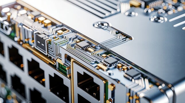 Close up view of modern data server rack hardware and network infrastructure