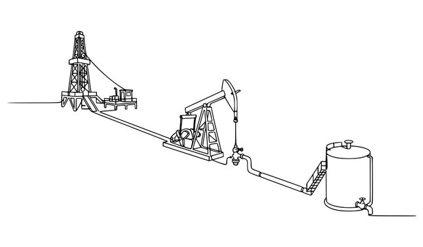 Petroleum oil field drilling operation pumpjack and rig continuous line vector illustration