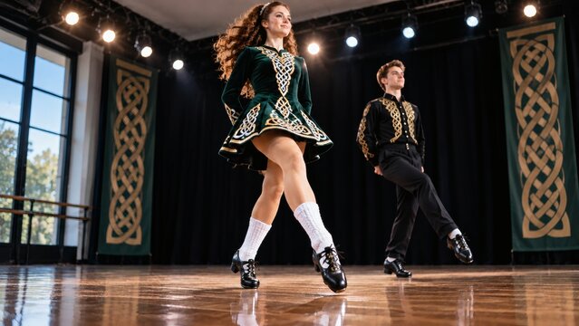 Irish dancers performing in traditional attire on stage  