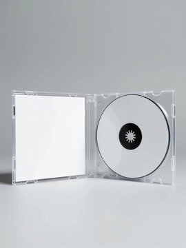 Open blank CD jewel case mockup with white cover insert and printable disc on light grey background
