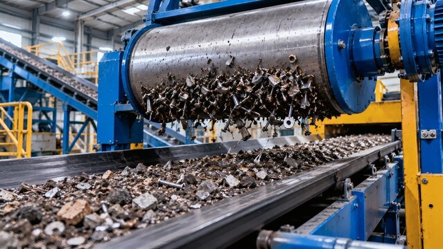 Industrial metal recycling process with conveyor belt and machinery  