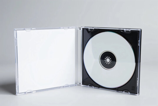 Open blank CD jewel case mockup with white cover insert and printable disc on light grey background