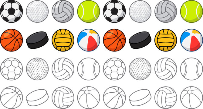 Set of sports ball vector icons featuring colorful designs and line art outlines isolated on white background