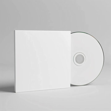 Blank white CD DVD cardboard sleeve and disc mockup partially sliding out on light grey background
