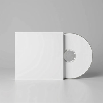 Blank white CD DVD cardboard sleeve and disc mockup partially sliding out on light grey background