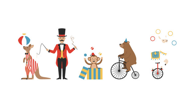 Whimsical circus act illustration with animals performing tricks: kangaroo, monkey, and bear, alongside a ringmaster.
