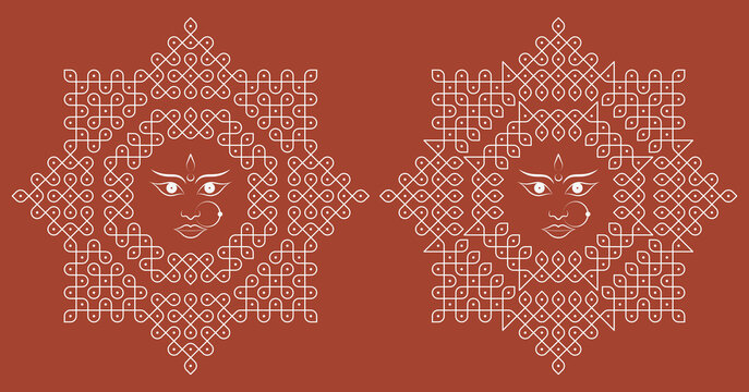 Navratri special pulli kolam dot grid rangoli set. Indian Traditional folk art vector illustration.2w