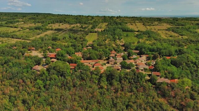 Aerial around view of old rustic vintage houses with wine cellars in Rogljevacke pivnice in Negotin region of Serbia, 4k