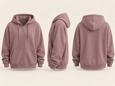 Rose colored zip up hoodie displayed from front side and back views