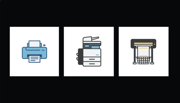 Set of three icons representing different types of printers: a home printer, a multi-function copier, and a large format plotter.