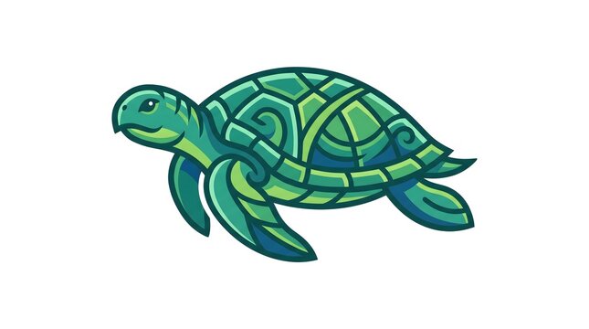 A stylized vector illustration of a swimming sea turtle, decorated with abstract geometric patterns and mosaic shapes in various shades of vibrant green