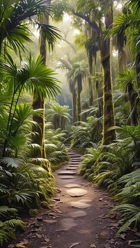 Path through dense tropical rainforest greenery