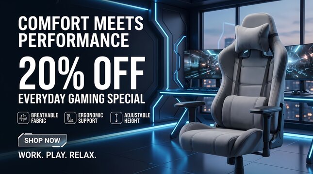 Ergonomic Grey Gaming Chair in Modern Futuristic Room for Video Game Setup
