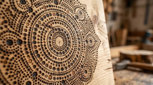 Intricate wood burned mandala art showcasing organic circular patterns on a natural wood surface, a testament to skilled craftsmanship
