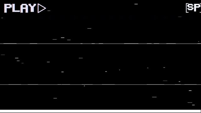 retro vhs glitch overlay effect with play text and vintage analog static noise on black screen for video editing