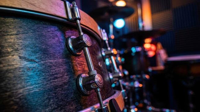 Detailed view of drum kit tension lugs and hardware with warm studio lighting