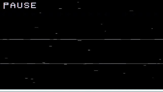 pause vcr vhs glitch overlay effect with retro static distortion and scanlines on dark screen