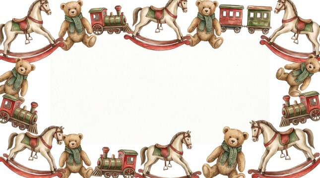 Watercolor vintage Christmas toy border with teddy bear and copy space