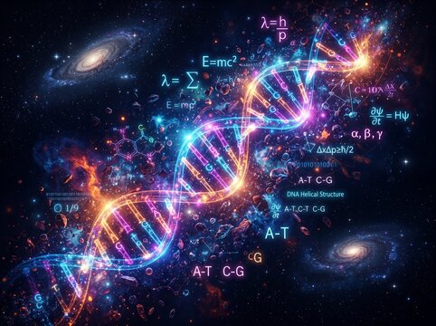 DNA helical structure with physics formulas and galaxies in deep space illustration.