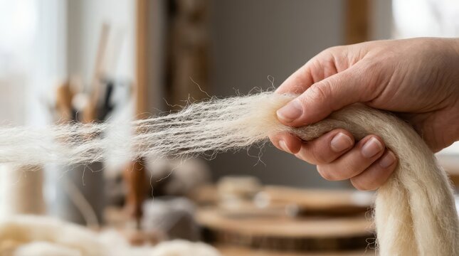 Hand holding and separating fluffy wool roving material for crafting and textile art
