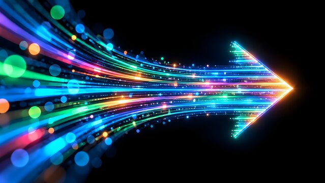 Vibrant neon fiber optic light trails forming a dynamic arrow shape representing high speed data transfer and digital connectivity