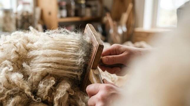 Hands diligently carding raw wool fibers using a wooden brush for textile preparation