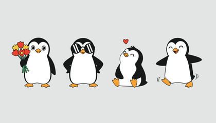 Fototapeta premium Adorable cartoon penguins in various poses and expressions, including holding flowers, wearing sunglasses, looking lovingly, and happily jumping, on a light gray background.