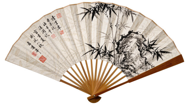 Traditional Chinese bamboo fan with ink painting of bamboo and rock, isolated on transparent background