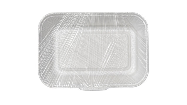 Empty white styrofoam food container wrapped in clear plastic film, isolated on transparent background
