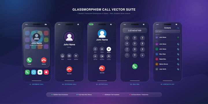 glassmorphism smartphone call interface vector collection, featuring five modern smartphone screens arranged horizontally in a clean presentation