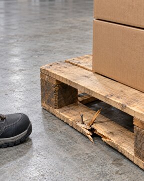 Damaged wooden pallet with split board and protruding nail near worker safety boot in warehouse