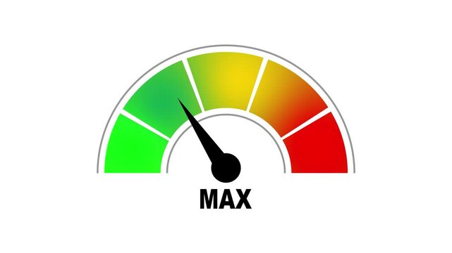 Animated speedometer gauge rising to maximum level, performance indicator concept for business growth and efficiency metrics