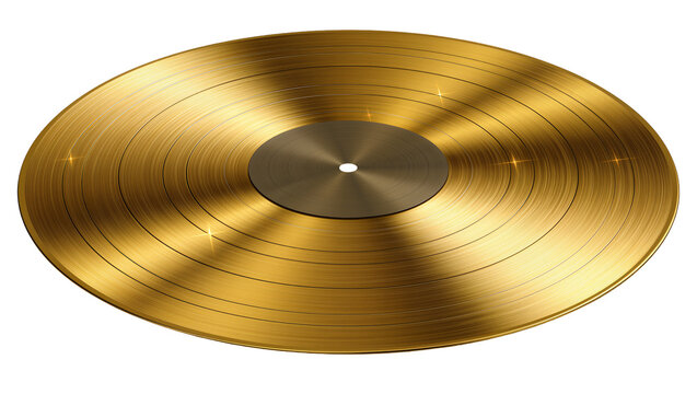 Shiny golden vinyl record with concentric grooves, isolated on transparent background