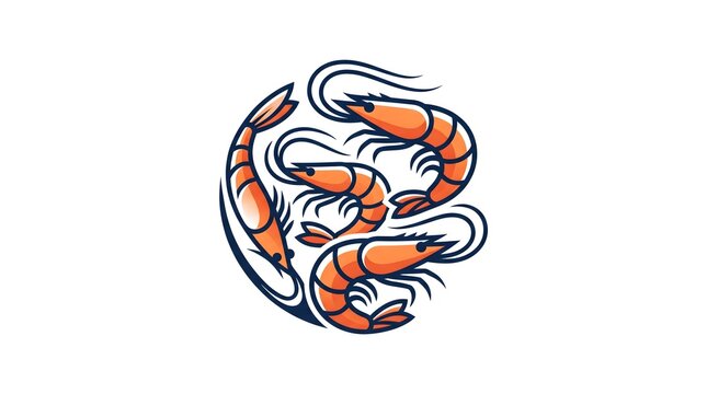  A circular vector logo illustration featuring four stylized orange shrimps swimming together, perfect for seafood restaurants, markets, or fisheries design.
