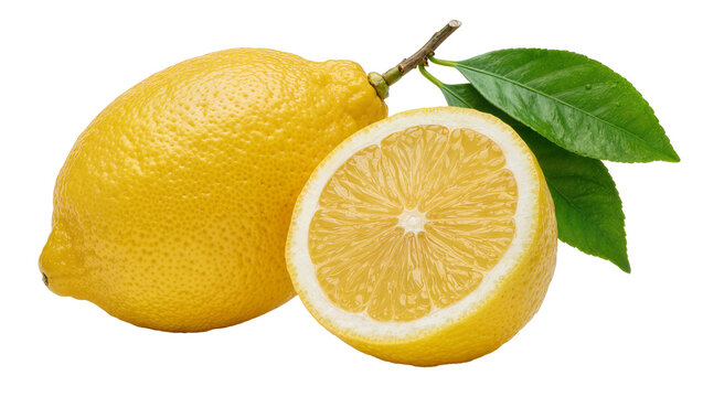 Whole yellow lemon with a halved lemon showing juicy pulp, isolated on transparent background