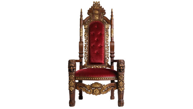 Ornate red velvet throne chair with carved wooden details, isolated on transparent background