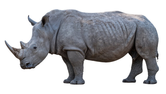 Large grey rhinoceros with two horns, isolated on transparent background