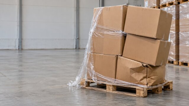 Unstable leaning pallet with crushed bottom carton and torn shrink wrap creating collapse hazard in warehouse