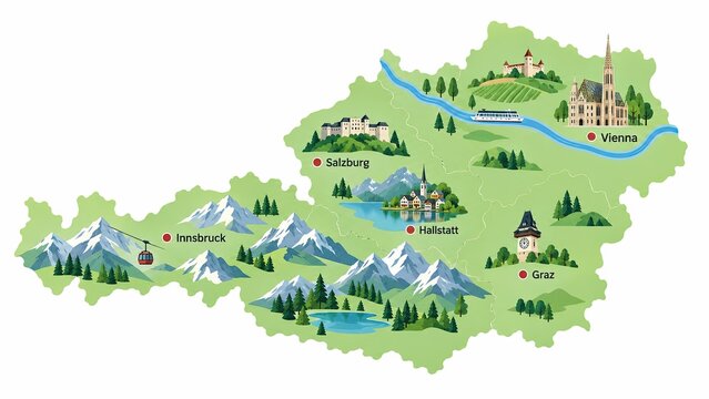 Illustrated map of Austria featuring Vienna, Salzburg, Innsbruck, Graz, Hallstatt, alpine mountains, lakes, forests, and cultural landmarks.