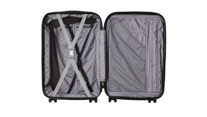 Open black suitcase with grey straps and zippered compartments, isolated on transparent background © Aliona
