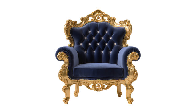 Ornate gold baroque armchair with deep blue velvet upholstery and crystal tufting, isolated on transparent background