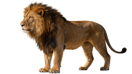 Majestic male lion with dark mane standing alert, isolated on transparent background © Aliona